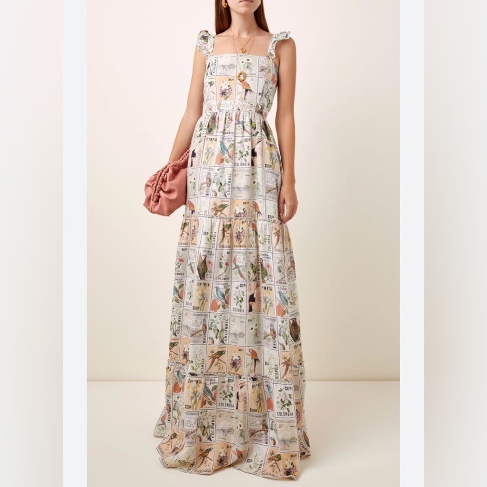 Agua Bendita Postage Stamp Linen Maxi Dress Size Small RARE